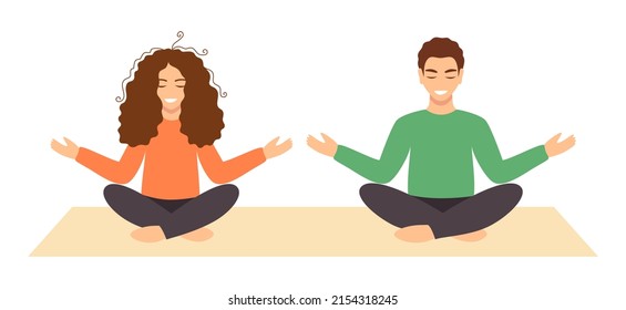 Young couple meditating together. Woman and man in casual clothes sitting with closed eyes on the mat in the lotus position. Vector illustration in flat style