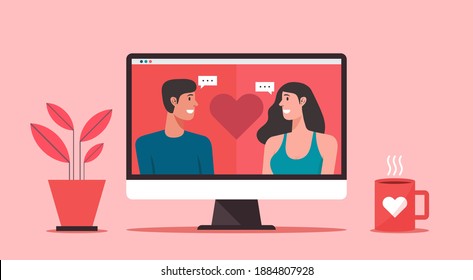 young couple meeting online on a dating website, concept of long distance relationship and virtual love on social networking on computer screen, flat vector illustration