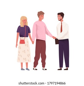 Young Couple Meeting And Shaking Hands With Real Estate Manager For Property Purchase Or Mortgage. Family Make Agreement With Professional Realtor. Flat Vector Cartoon Illustration Isolated On White