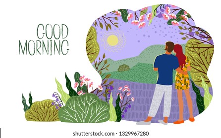 Young couple meets new day. Sunrise, hills, flowers, trees, natural landscape in a trendy flat cute style and empty space for text . Horizontal Vector illustration for design cards, banners and other