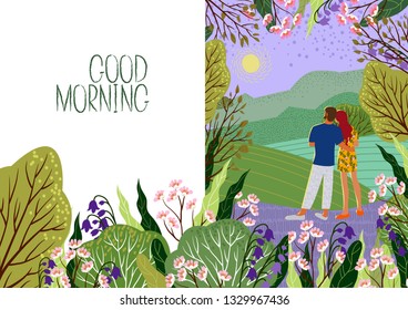 Young couple meets new day. Sunrise, hills, flowers, trees, natural landscape in a trendy flat cute style and empty space for text . Vector illustration for design cards, banners and other