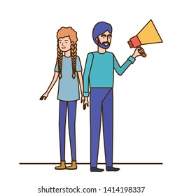 young couple in with megaphone in the hand
