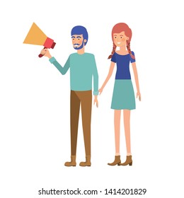young couple in with megaphone in the hand