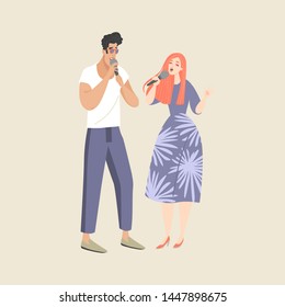 Young couple with microphones singing a song at a karaoke party. Vector illustration for use in a banner or poster.