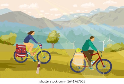 Young couple in mountain bike camping with great view on the background. Cyclists with back packs in biking travel. Mountains and forest, windmills landscape. Go wild. Hand drawn vector illustration.