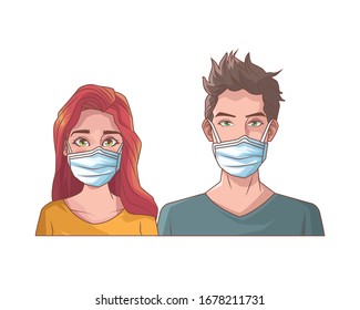 young couple with mouth cap medical accessory vector illustration design
