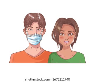 young couple with mouth cap medical accessory vector illustration design