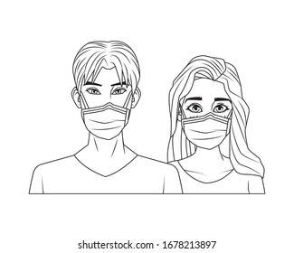 young couple with mouth cap medical accessory vector illustration design