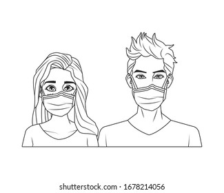 young couple with mouth cap medical accessory vector illustration design