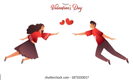 Young couple move towards while flying to each other on the occasion of Happy Valentine's Day.