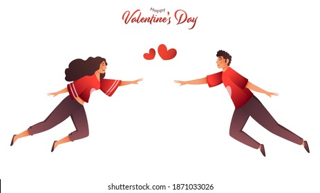 Young couple move towards while flying to each other on white background for Happy Valentine's Day Celebration.