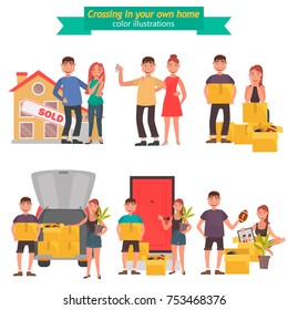 Young couple moves to a new house color flat illustration set