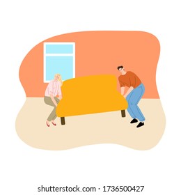 Young couple moving furniture in their new apartment