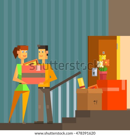 Young Couple Moving Into New Apartement Pixelated Illustration