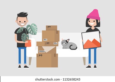 Young couple moving to a new apartment. Relocation. Mortgage. Flat editable vector illustration, clip art