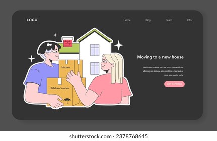 Young couple moving to a new house nighmode or darkmode web banner or landing page. Happy lovers, man and woman with their stuff in cardboard boxes. Family relocation. Flat vector illustration