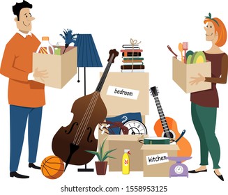 Young couple moving in together, standing near boxes of their belongings, EPS 8 vector illustration