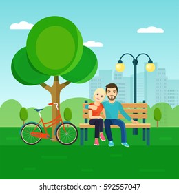 Young couple in nature sitting on bench and bike in the park. Vector flat illustration.