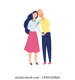 Young couple with negative pregnancy test, two cartoon characters - man and woman looking sad over infertility problem, isolated flat hand drawn vector illustration on white background