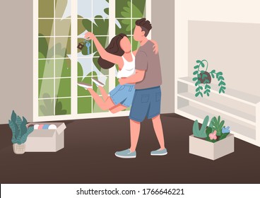 Young couple with new apartment key flat color vector illustration. Young family happy moment. Wife and husband relocating 2D cartoon characters with living room interior on background