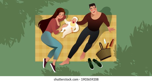 A young couple with newborn is sitting on a picnic blanket. Top view. Summer city park scene. Flat graphic vector illustration.