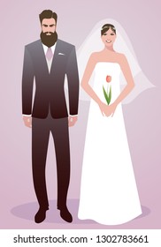 Young couple of newlyweds wearing wedding clothes. Stylish bearded groom and beautiful bride with veil holding a tulip