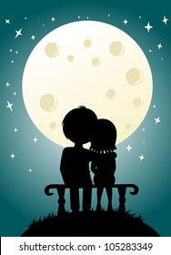 young couple and nightly sky with moon
