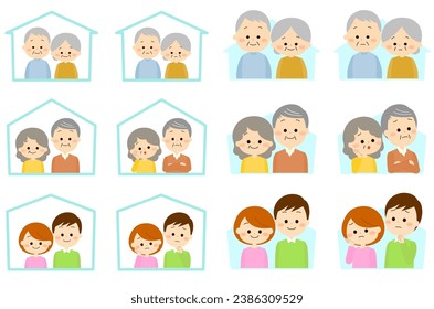 Young couple, old couple, elderly couple icon set
