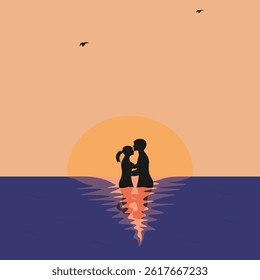 A young couple on the background of a beautiful evening sunset. Silhouettes in the sea of a young man and a girl in love