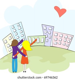 Young couple on the background of the city.