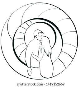 A young couple on the background of a spiral, the girl snuggles and hugs the guy, the boy kisses the girl on the forehead