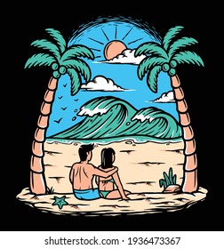 a young couple on the beach illustration