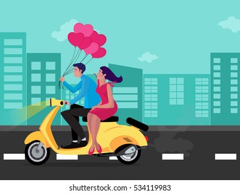 Young Couple on bike ride, Creative illustration for Happy Valentine's Day celebration.