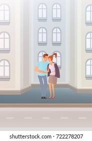 Young couple on city street. The man gave the girl his jacket. Embracing lovers. Vector illustration.