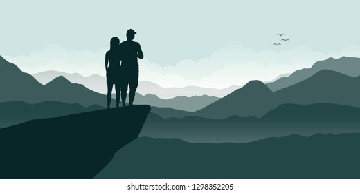 young couple on a cliff enjoy the mountain view vector illustration EPS10