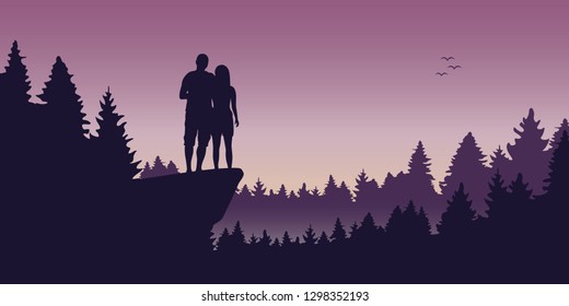 young couple on a cliff in the forest romantic landscape vector illustration EPS10