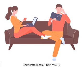 Young couple on the couch. The girl works on a laptop and drinks tea. The guy is reading a book. Married or relatives, brother and sister. Vector illustration isolated on white background.