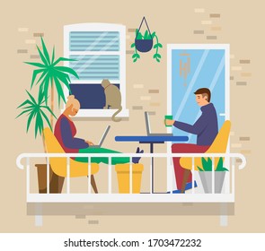 Young couple on cozy balcony working or studying remotely. Home office. Home activities. Flat vector illustration.