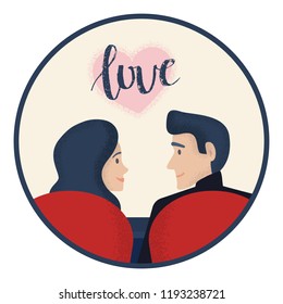 Young couple on a date in cinema theatre. Love lettering logo in heart shape on the backround. Romantic illustration of couple in love for valentines. Vector eps 10