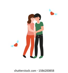 Young couple on a date and cute hug each other. Relationship and fall in love, Valentine's Day. Flat vector cartoon illustration.