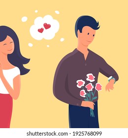 Young couple on a date. The guy stands with flowers and waits. The girl comes up playfully from behind. Vector cartoon romantic illustration