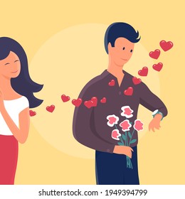 Young couple on a date. The guy stands with flowers and waits. The girl comes up playfully from behind. Vector cartoon romantic illustration