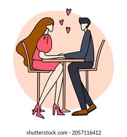 Young couple on a date. A guy and a girl are sitting at a table in a cafe and looking at each other. Love relationships, romance. Flat vector illustration