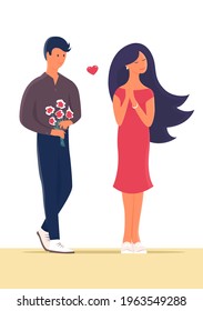 Young couple on a date. A young man gives his girlfriend a bouquet of flowers. Vector cartoon romantic illustration. White background