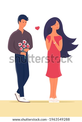 Young couple on a date. A young man gives his girlfriend a bouquet of flowers. Vector cartoon romantic illustration. White background