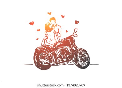 Young couple on date outdoors, girlfriend and boyfriend with motorcycle, amorous relationship. Romantic road trip, journey on valentine day concept sketch. Hand drawn vector illustration