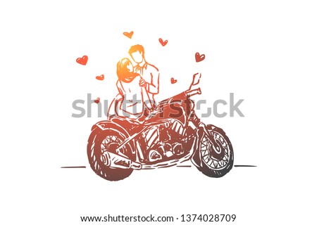 Young couple on date outdoors, girlfriend and boyfriend with motorcycle, amorous relationship. Romantic road trip, journey on valentine day concept sketch. Hand drawn vector illustration