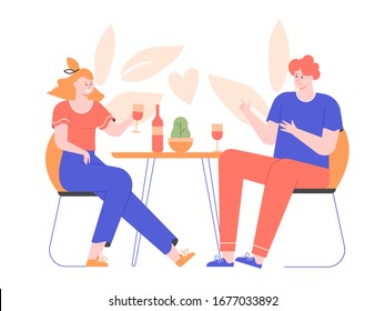 Young couple on a date at a restaurant. Man and woman drink wine at the table. Love and relationships. Vector flat illustration.