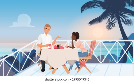 Young couple on a date in a restaurant near ocean during sunset vector illustration