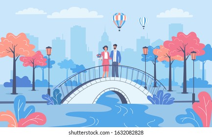 Young couple on a date walking in the city park and bridge vector illustration